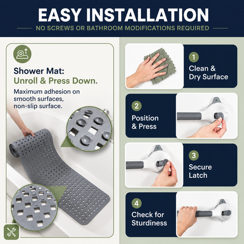 Safe Bath Anti Slip Antibacterial shower mat + Grab Bar Bundle