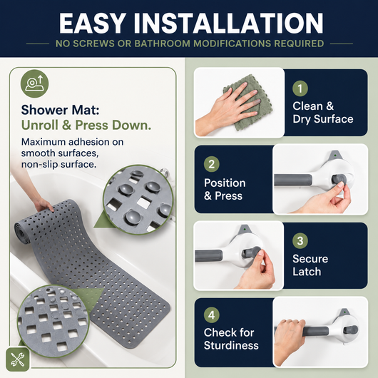 Safe Bath Anti Slip Antibacterial shower mat + Grab Bar Bundle