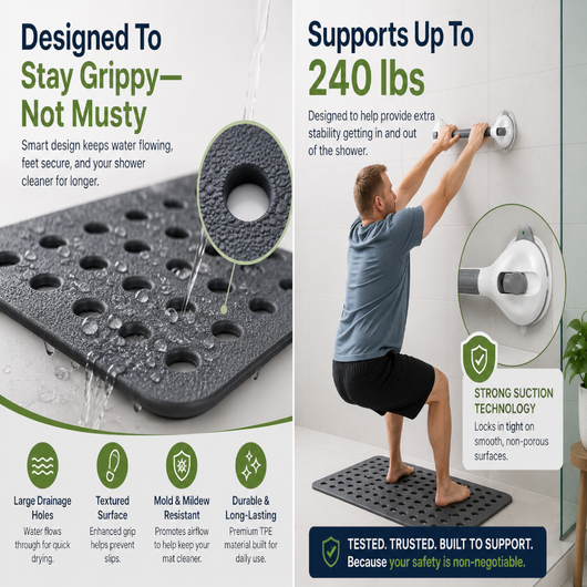 Safe Bath Anti Slip Antibacterial shower mat + Grab Bar Bundle